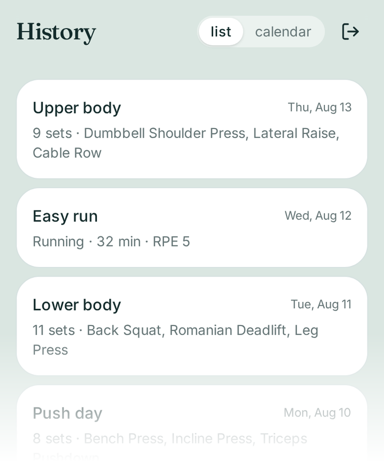 SteadyGym: workout history list with example sessions and dates